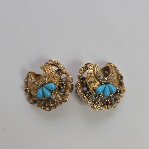 Vintage CORO clip on old-Tone Filigree Earrings with Turquoise Accents